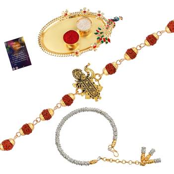 Rakhi Rudraksh  Shreenathji   With Bhabhi Rakhi With Roli Chawal And Greeting Card 1 Kankawati Pooja Thali 1