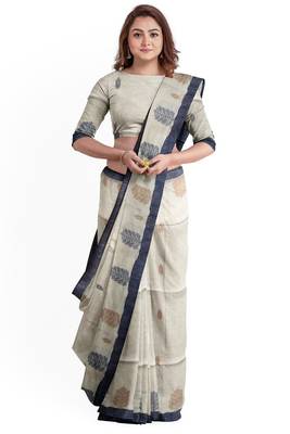 Grey Woven Khadi Cotton Jamdani Saree With Blouse 1