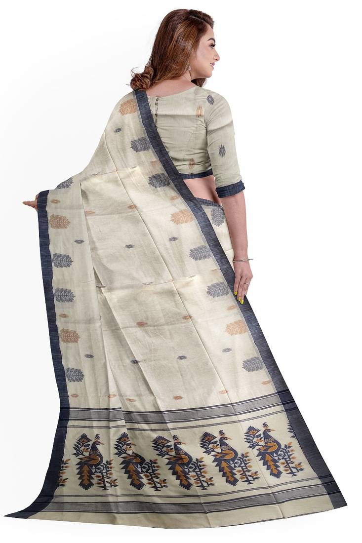 Grey Woven Khadi Cotton Jamdani Saree With Blouse