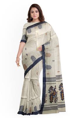Grey Woven Khadi Cotton Jamdani Saree With Blouse 3