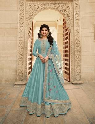 Sky Blue Dolla silk Gown Stle Semi stitched Gwon Suit with Nice Embroidery work 1