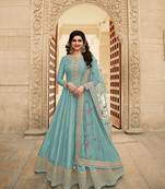 Sky Blue Dolla silk Gown Stle Semi stitched Gwon Suit with Nice Embroidery work