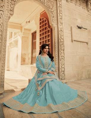 Sky Blue Dolla silk Gown Stle Semi stitched Gwon Suit with Nice Embroidery work 2
