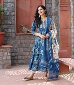 Indigo Floral Printed Kurta With Pant And Dupatta