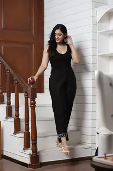 Black Solid Cotton Flex Pant