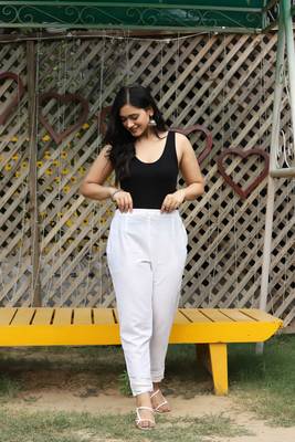 White Solid Cotton Flex Pant 3
