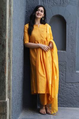 Mustard Solid Kurta With Pant And Chandheri Dupatta 1