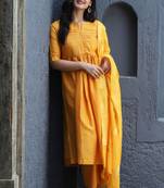 Mustard Solid Kurta With Pant And Chandheri Dupatta