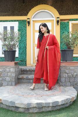 Red Solid Kurta With Pant And Chandheri Dupatta 1