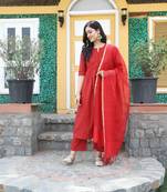 Red Solid Kurta With Pant And Chandheri Dupatta