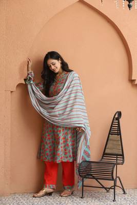 Green Floral Printed Kurta With Pant And Dupatta 3