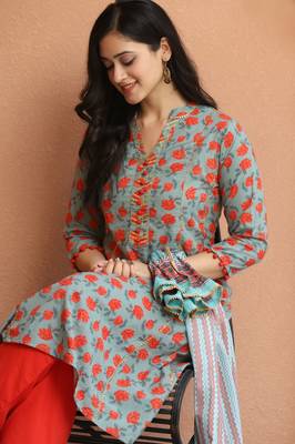 Green Floral Printed Kurta With Pant And Dupatta 4