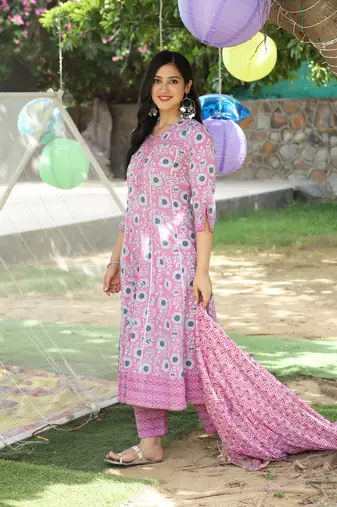 Purple Floral Printed Kurta With Pant And Dupatta