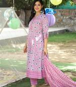 Purple Floral Printed Kurta With Pant And Dupatta