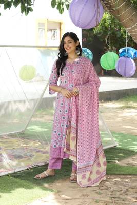 Purple Floral Printed Kurta With Pant And Dupatta 4