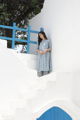 Blue Printed Kurta With Pant And Dupatta 3