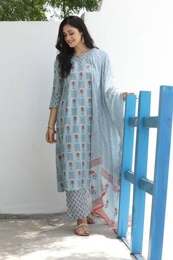 BLUE PRINTED KURTA WITH PANT AND DUPATTA