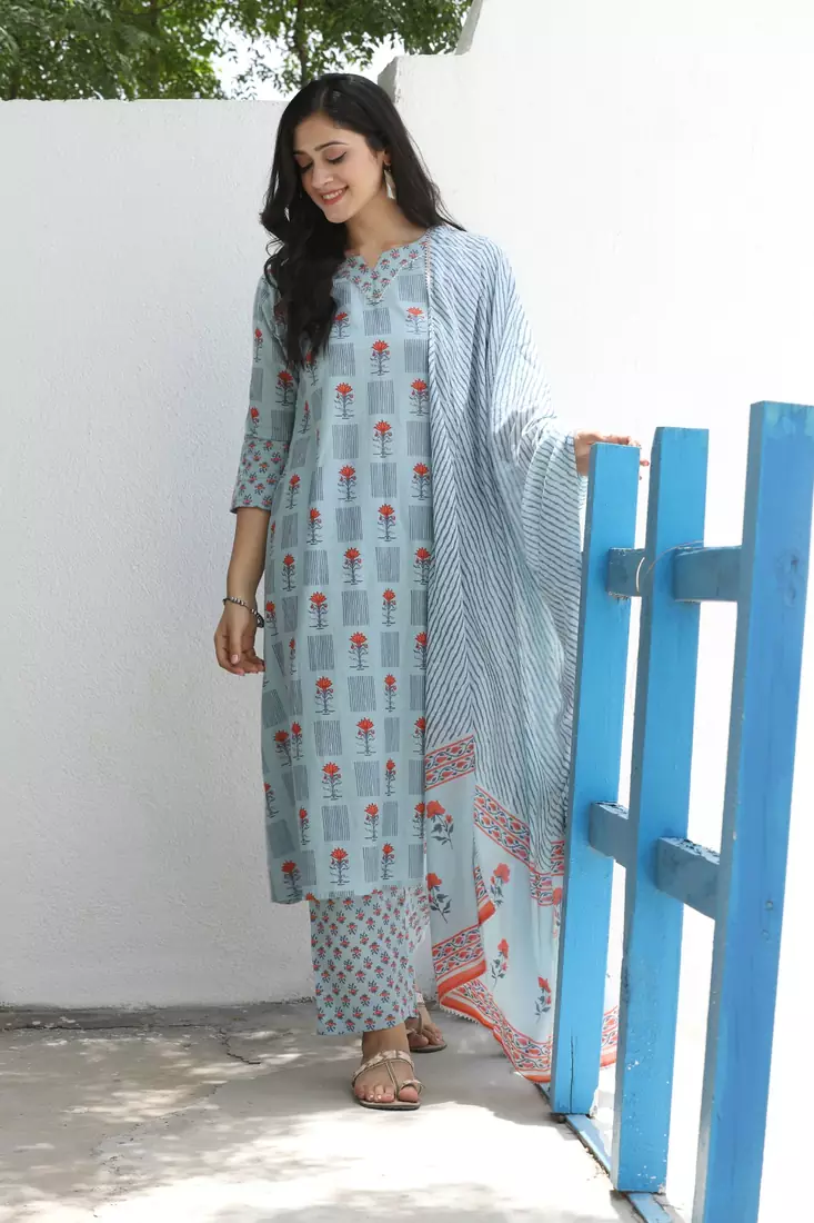 BLUE PRINTED KURTA WITH PANT AND DUPATTA