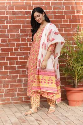 Yellow Floral Printed Kurta With Pant And Dupatta 3