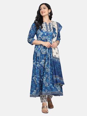 Indigo Floral Printed Kurta With Pant And Dupatta 11