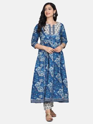 Indigo Floral Printed Kurta With Pant And Dupatta 13