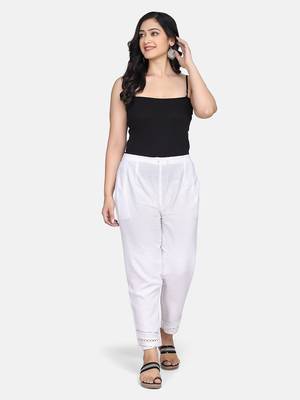 White Solid Cotton Flex Pant 5