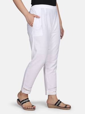 White Solid Cotton Flex Pant 9