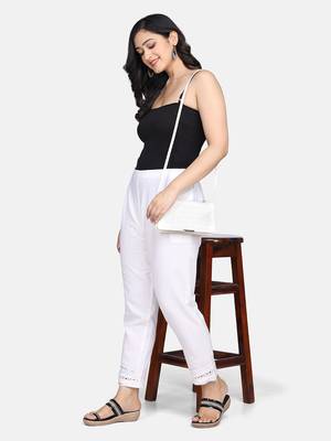 White Solid Cotton Flex Pant 10