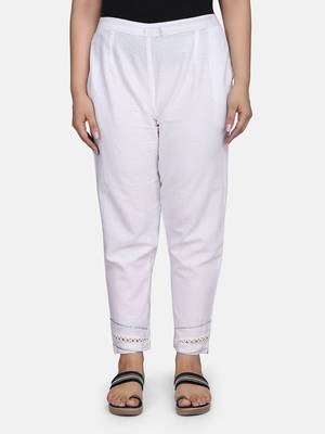 White Solid Cotton Flex Pant 11