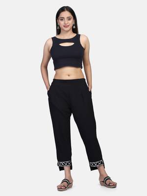 Black Solid Cotton Flex Pant 5