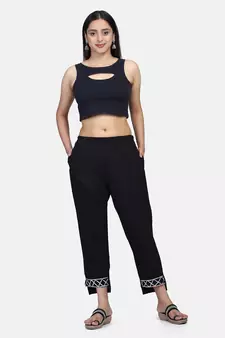 Black Solid Cotton Flex Pant