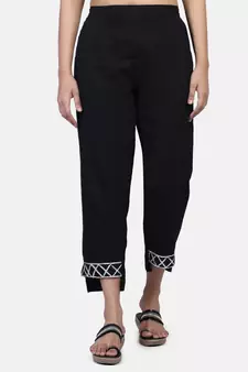 Black Solid Cotton Flex Pant