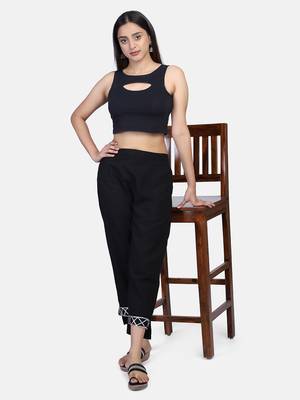 Black Solid Cotton Flex Pant 12