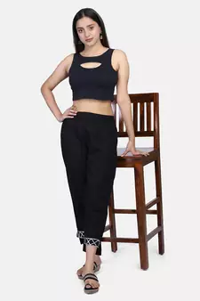 Black Solid Cotton Flex Pant