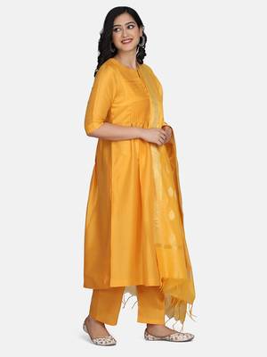 Mustard Solid Kurta With Pant And Chandheri Dupatta 7