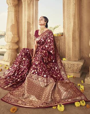 Maroon woven silk blend saree with blouse 1