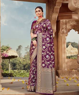 Purple woven silk blend saree with blouse 1