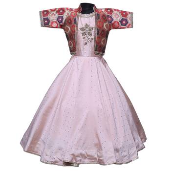 White Button pink butti taffeta Silk With jacquard Silk Jacket gown Dress For Girls 2