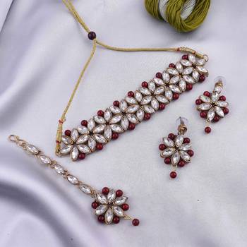 GOLD PLATED With Silver & Mahroon Pearl DESIGNER Choker Set With Mang Tika 1