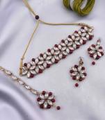 GOLD PLATED With Silver & Mahroon Pearl DESIGNER Choker Set With Mang Tika