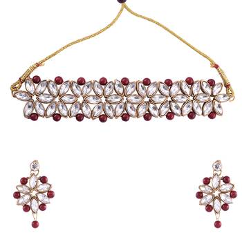 GOLD PLATED With Silver & Mahroon Pearl DESIGNER Choker Set With Mang Tika 2