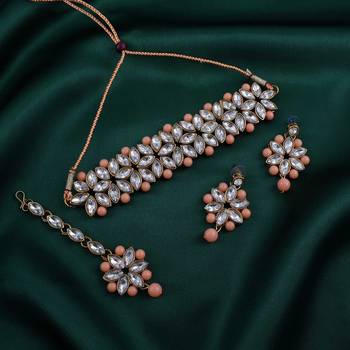 GOLD PLATED With Silver & Peach Pearl DESIGNER Choker Set With Mang Tika 1