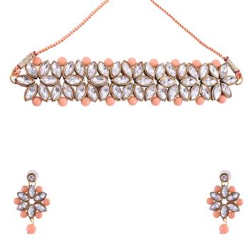 GOLD PLATED With Silver & Peach Pearl DESIGNER Choker Set With Mang Tika 2