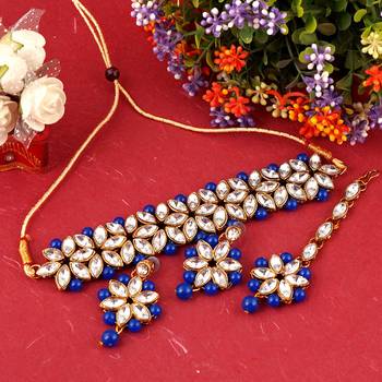 GOLD PLATED With Silver & Blue Pearl DESIGNER Choker Set With Mang Tika 1