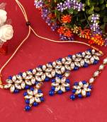 GOLD PLATED With Silver & Blue Pearl DESIGNER Choker Set With Mang Tika