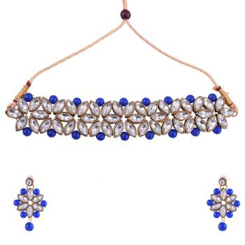 GOLD PLATED With Silver & Blue Pearl DESIGNER Choker Set With Mang Tika 2