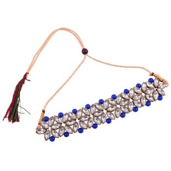 GOLD PLATED With Silver & Blue Pearl DESIGNER Choker Set With Mang Tika 4