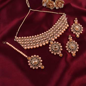 GOLD PLATED With Golden Pearl DESIGNER Necklace Set With Mang Tika 1
