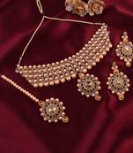 GOLD PLATED With Golden Pearl DESIGNER Necklace Set With Mang Tika