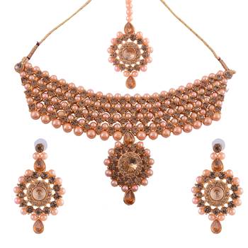 GOLD PLATED With Golden Pearl DESIGNER Necklace Set With Mang Tika 2